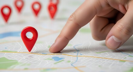 Pointing to a location on a map with red map markers.