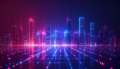 Naklejka premium A futuristic cityscape glows with vibrant neon lights, a symbol of technological innovation and urban progress. The buildings stand tall, their outlines emphasized by streaks of blue and pink.