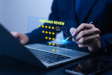 Businessman rates customer feedback using a digital feedback system on a laptop, displaying a 3-star rating for online surveys, customer satisfaction, and business service concepts.