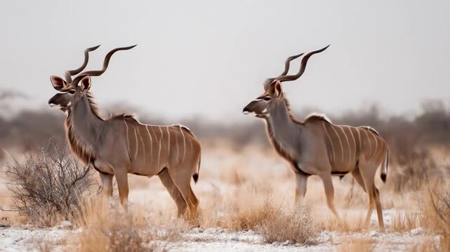 Two graceful gemsbok stand in a vast, sun-drenched savanna landscape.