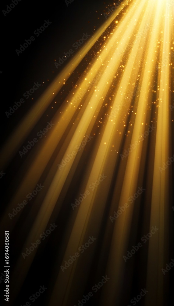 Wall mural golden rays cascade downward, creating a luminous effect in a dark background full of dust particles