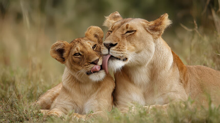 Fototapeta premium Tender moment between lioness and cub in the wild savanna nature photography close-up view animal bonds