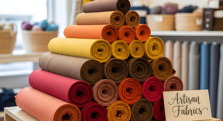 Pile of colorful textile rolls assorted in a shop