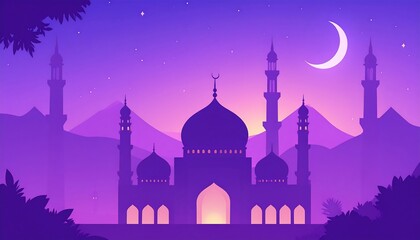 A serene night scene depicts a silhouette of a mosque with domes, minarets and an crescent moon in the sky. The purple color palette evokes peace