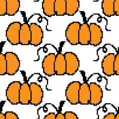 Seamless pixel art pumpkin pattern with orange gourds and black outlines on white background, festive digital design for Halloween, autumn, Thanksgiving, textiles, and seasonal decorations
