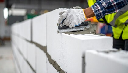 Construction worker applying mortar to a brick wall, close up
