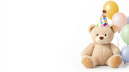 Cute teddy bear wearing party hat sits beside colorful balloons, creating joyful celebration atmosphere