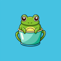 Cute frog relaxes happily while sitting in a warm cup of green tea