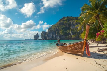 Fototapeta premium Crystal beach with boat at Island.