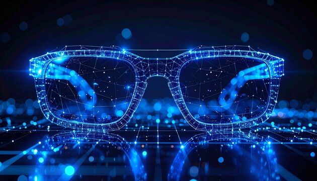 A detailed visualization of futuristic glasses with a digital interface, set against a vibrant blue backdrop. The design evokes a sense of technological advancement and immersive experience.
