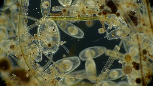 Detailed Microscopic View of Living Protozoa and Algae with Clear Structures in Dark Background Biological Study of Microorganisms Science Experiment Examining Cellular Life 1980s Era Footage