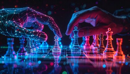 Chess game in digital world between a real hand and a robotic hand