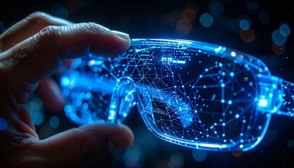 A person's hand delicately holding a pair of futuristic glasses, showcasing an intricate digital network overlay
