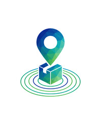 Abstract digital illustration of a package at a location marker with concentric rings on a dark background