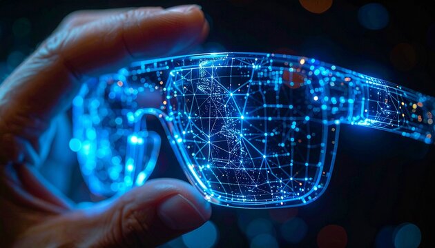 A person's hand delicately holding a pair of high-tech augmented reality glasses, showcasing the complex network of digital components and futuristic design - Powered by Adobe