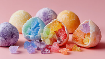 Colorful sugar candies in various shapes studio food photography bright background close-up sweet treats