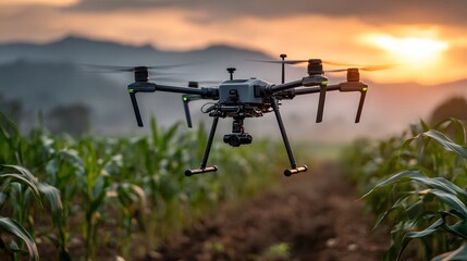 Smart agriculture drone dances above tall maize like a watchful black butterfly at sunset.