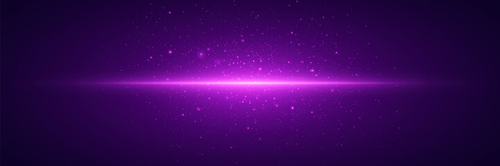Purple flash of laser beam, explosion of sparks and dust of light.