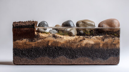 Soil and rock layers display educational exhibit science center indoor close-up view earth sciences concept