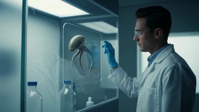 Man scientist analyzing an alien life form on a transparent screen in a lab, researching extraterrestrial biology footage.