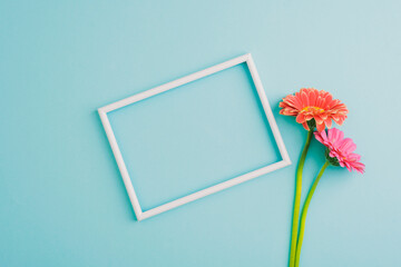White picture frame with pink and orange gerbera flowers on blue pastel background. Top view, flat lay, copy space