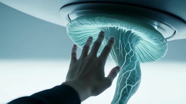 Man interacts with glowing mushroom-like alien growth, creating a connection to an unknown biodigital world, scifi footage.