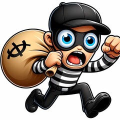 Cartoonish criminal with sack full of loot running away rapidly