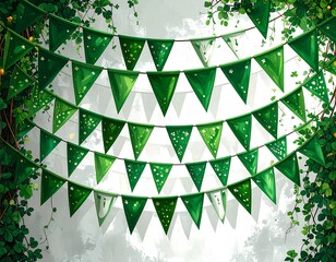 Festive green bunting draped between lush foliage