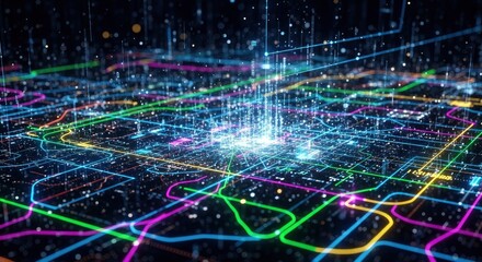 Obraz premium Digital network infrastructure with glowing pathways data streams and illuminated connections on a dark background