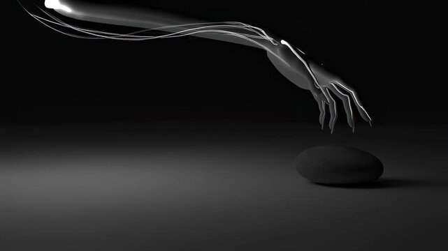 Alien creature hand reaches toward a dark stone in a mysterious encounter, extraterrestrial contact and discovery footage.