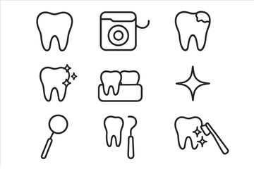 Dentistry line icon set. Dental care outline signs collection. Teeth, floss, caries, cleaning vector symbols. Oral hygiene, stomatology and dentist tools concept illustration.