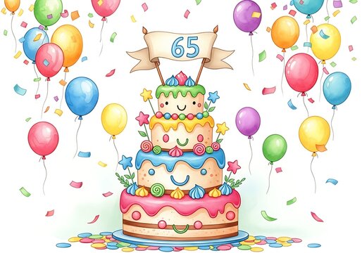 Colorful birthday cake with balloons for 65 years