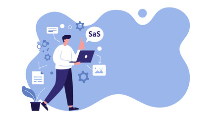 A man with a laptop managing data and SaaS applications, representing modern business, technology, and cloud computing solutions.