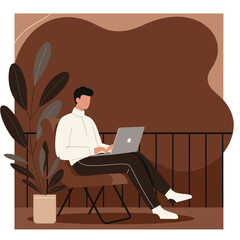 Young man working on a laptop from a comfortable chair on a balcony, illustrating remote work, flexible lifestyle, or online learning in a cozy home environment.