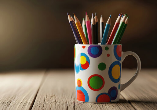 A patterned cup filled with colored pens sitting on a wooden table. Ideal for creativity, art, school, and office concepts. - Powered by Adobe