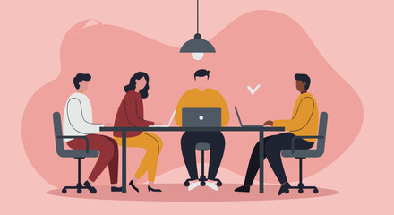 Diverse business team collaborating around a table with laptops in a modern office. Ideal for concepts of teamwork, productivity, and corporate strategy.