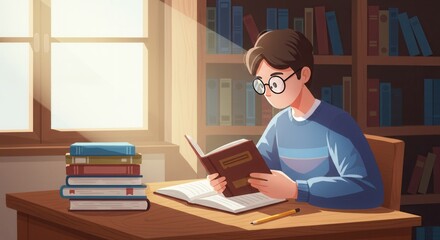 Young boy with glasses reading a book in a library with sunlight streaming through the window.