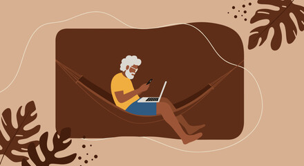 Fototapeta premium Elderly man enjoys remote work and leisure, comfortably using his laptop and phone while relaxing in a hammock with tropical accents.