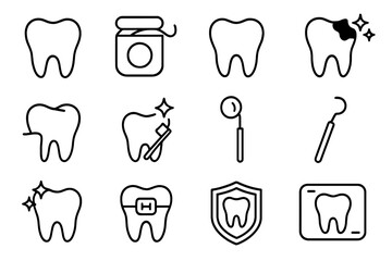 Dentistry line icon set. Dental care outline symbols collection. Teeth, floss, caries, cleaning, braces, x-ray, protection, and stomatology tools. Oral hygiene vector icons.