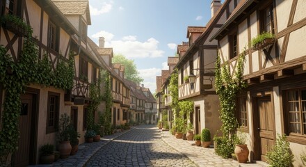 Fototapeta premium Charming medieval street with cobblestone road, halftimbered houses, and lush greenery, creating a picturesque and timeless european scene