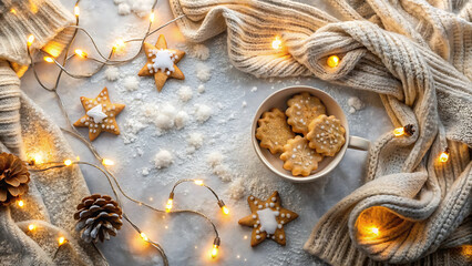 Winter Cozy Flat Lay with Fairy Lights and Cookies