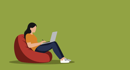 Person comfortably works on a laptop and writes notes on a bean bag. Ideal for concepts of remote work, freelancing, online learning, or creative productivity.