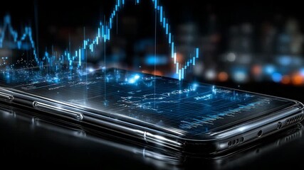 A futuristic graph with financial market data appears above the smartphone screen. Shimmering graphs on a smartphone with a reflection of a night city. Concept of technology, business and investment - Powered by Adobe