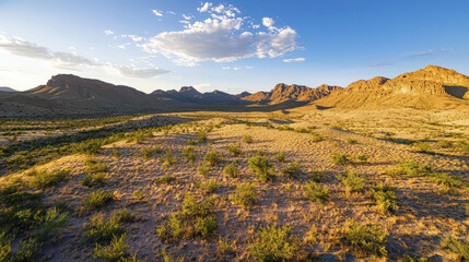Stunning landscape of desert valley featuring rugged mountains, golden grasslands, and clear blue sky. scene captures beauty