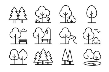 Forest, trees, and park line icon set. Simple nature and outdoor symbols for web and apps. Includes pine, bench, path, and plant icons with editable strokes. Minimalist vector.