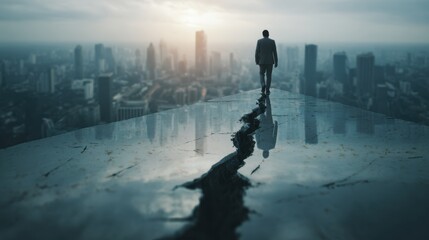 A businessman walking towards the city on a cracked surface