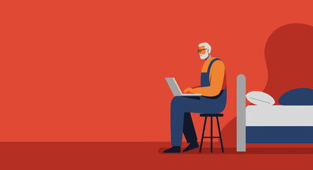 Elderly man with a beard and glasses sitting on a stool, using a laptop next to a bed in a minimalist room. Represents modern senior lifestyle, remote work, or digital engagement.
