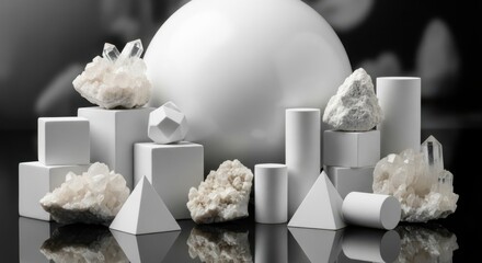 Geometric Forms and Natural Crystal Arrangements Displayed on a Reflective Surface