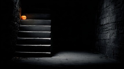 Spooky Halloween scene with a jack-o'-lantern on the stairs.