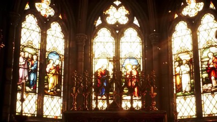 Sunlight streams through stained glass windows in gothic architecture church interior with cross and altar, creating warm light, ideal for religion and culture themes. - Powered by Adobe